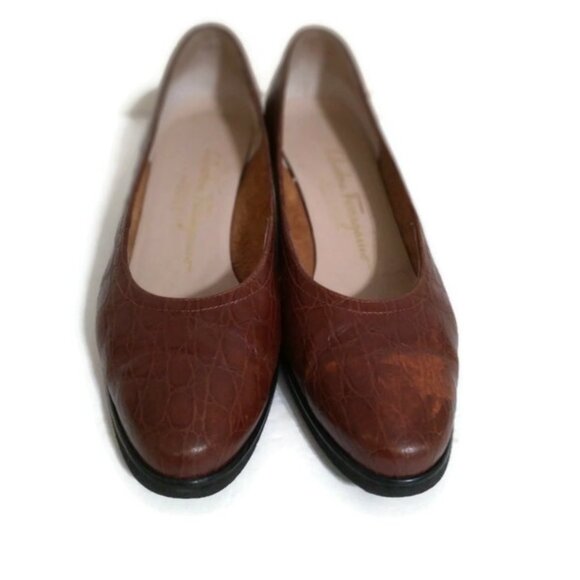 Salvatore Ferragamo Cognac Embossed Leather Wedges - Picture 3 of 7